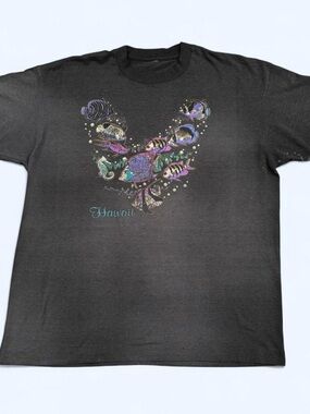 Vintage 90s Hawaii Tropical Fish Single Stitch T-Shirt Faded Black Large